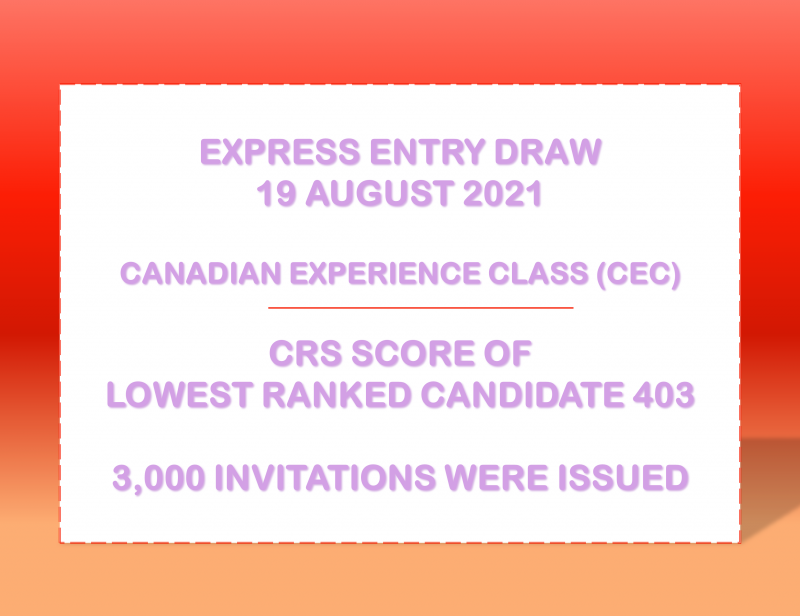 Express Entry Draw - IRCC - August 19, 2021 - Canadian Experience Class - CRS 403